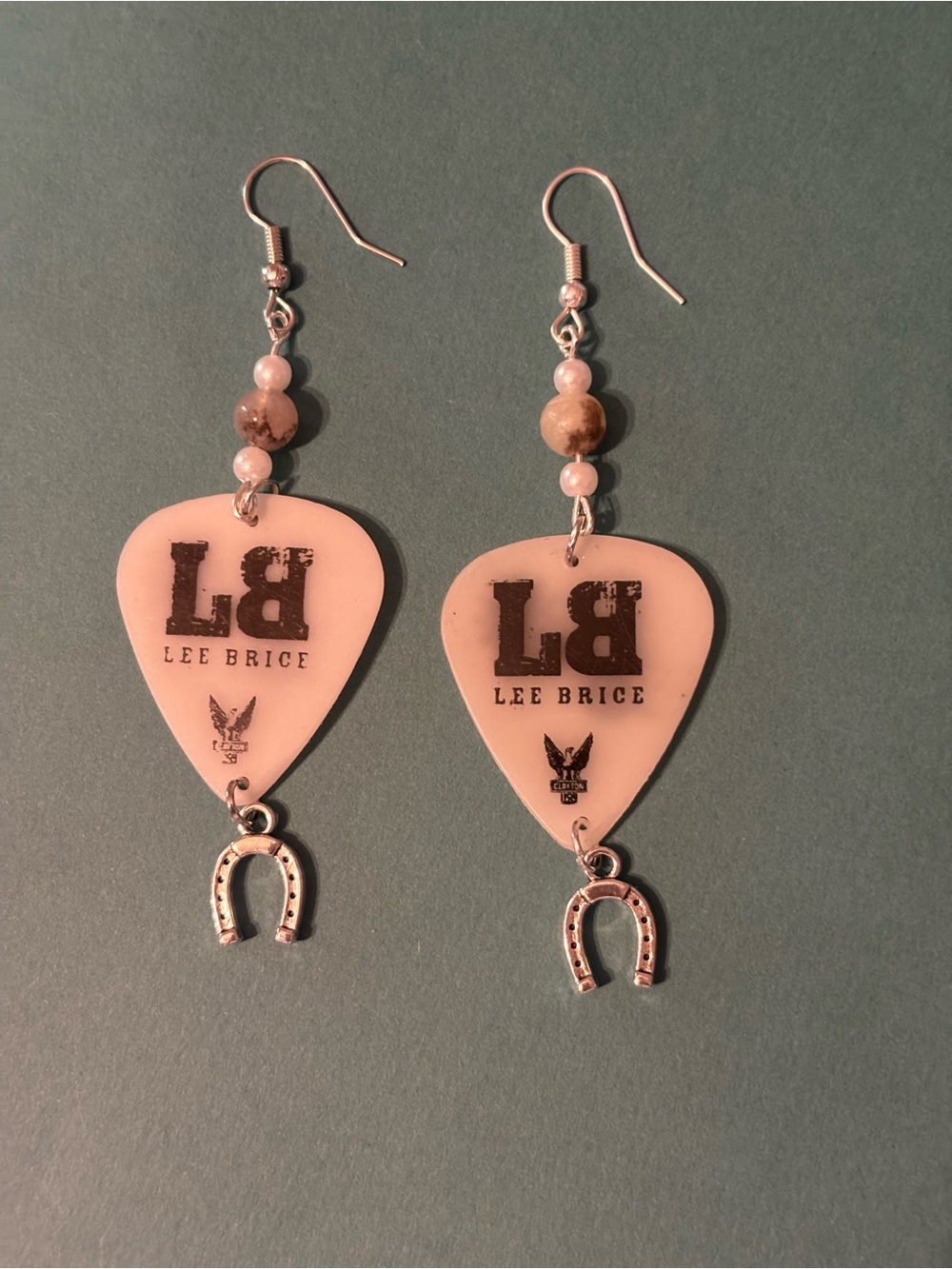Hand Crafted Lee Brice Guitar Pick Dangle Earrings with Horseshoe Charm